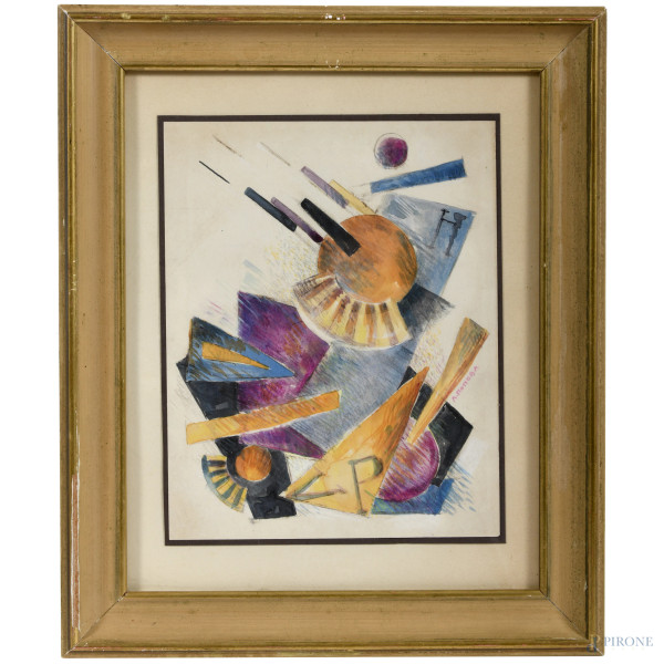 Composizione suprematista, XX secolo, tecnica mista su carta, cm 31x24,5, entro cornice (segni di piegatura, ondulazioni della carta e tracce di umidità)