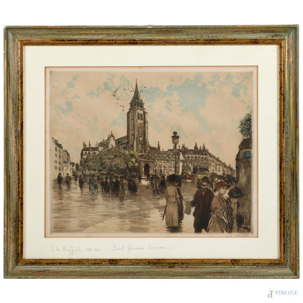 Jean Francois Rafafelli, Place Saint-Germain des prés, acquaforte a colori, cm 50x60 compreso passepartout, firmata in basso a destra, entro cornice, (lieve foxing e ondulazioni della carta)