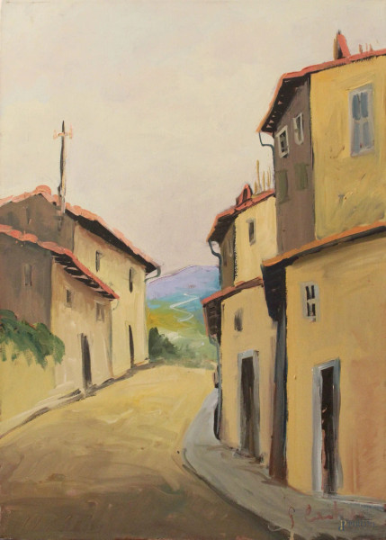 Scorcio di paese, olio su tela firmato, cm 70 x 50.