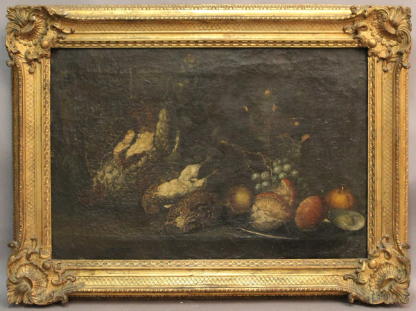 Natura morta, Cacciagione, frutta ed ortaggi,olio su tela, primi Novecento, cm 50 x 74, entro cornice.