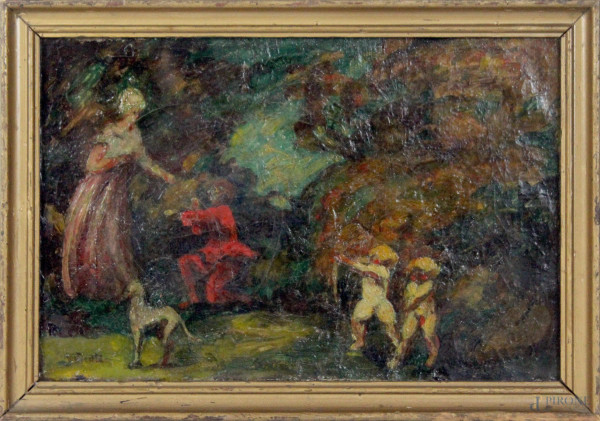 Scena di corteggiamento con amorini, olio su tela, cm. 27x41, firmato A. Gatti, entro cornice.