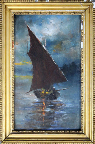 Marina con barca, olio su tavoletta, cm 25x15, XX secolo, entro cornice.