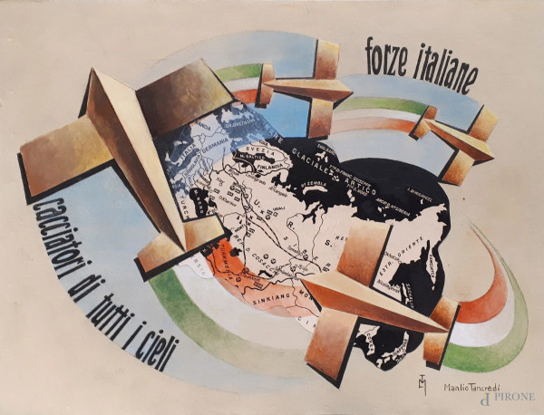 Aeropittura, tecnica mista e collage su cartone del Maestro Manlio Tancredi (XX sec.), cm 26x35, firmato 