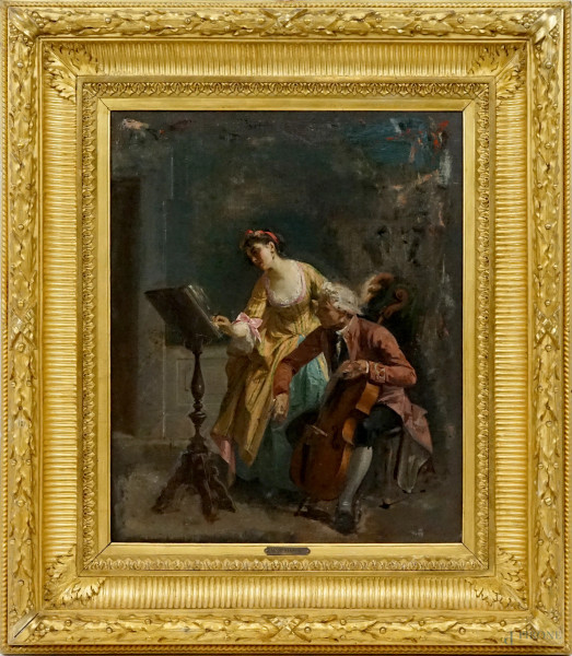 Mos&#232; Bianchi - Attribuito a, La Melodia, olio su tela, cm 46,5x57, in cornice.