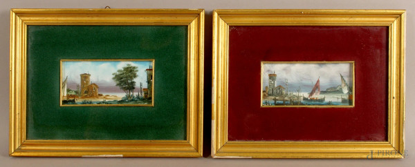 Coppia miniature raffiguranti paesaggi, olio su carta, cm. 6,5x13, firmati entro cornici.
