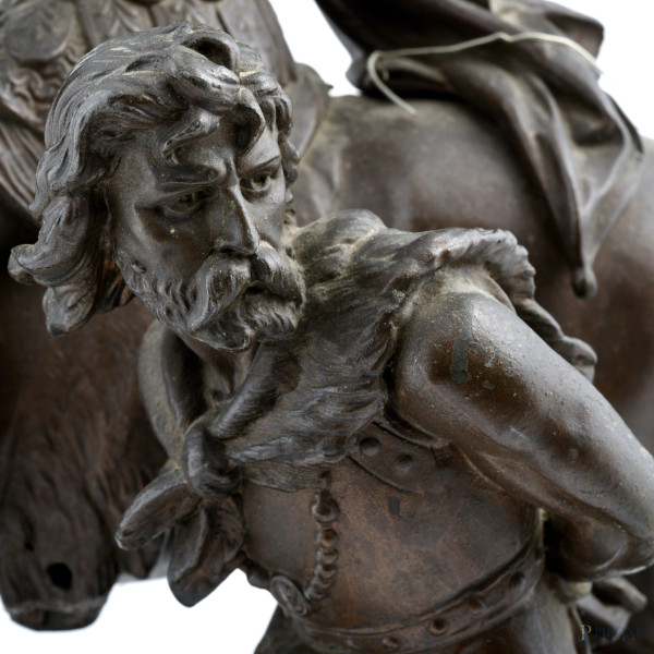 Ottaviano a cavallo, XX secolo, scultura in antimonio, cm 61x21x43, (rotture, difetti, restauri)