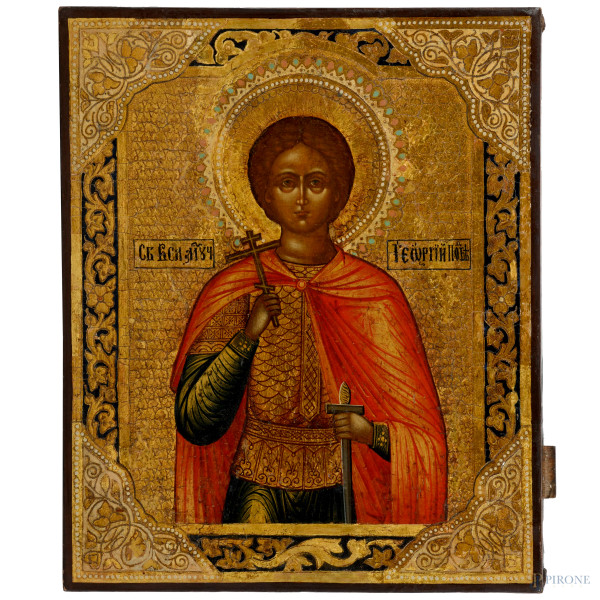 Icona raffigurante San Giorgio, XIX secolo, cm 26,5x22, (scalfiture, lievi cadute di colore)