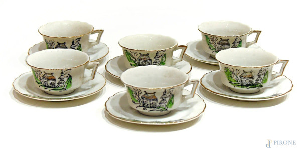 Raro servizio da caffè-sake in fine porcellana giapponese Adachi Kansei, produzione vintage anni '50, composto da sei piattini e sei tazzine decorati, in eccellenti condizioni