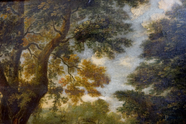Pittore fiammingo-olandese della fine del XVIII secolo, Paesaggio con pastore e armenti, olio su ...