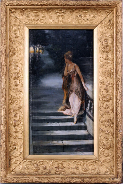 Scalinata con donna, olio su tavola, cm. 43x22, firmato, entro cornice.