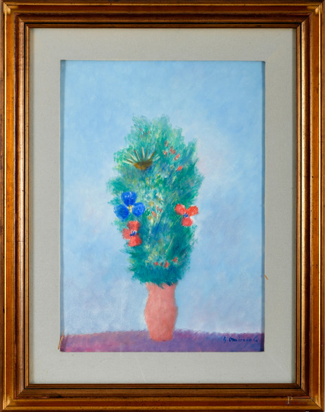 Vaso tarantino con erbe e fiori, tecnica mista su cartoncino, cm 51x37, firmato in basso, firmato e titolato al retro, entro cornice