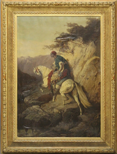 Cavaliere arabo, olio su tela cm 110x76, XIX sec. entro cornice, (difetti sulla tela).