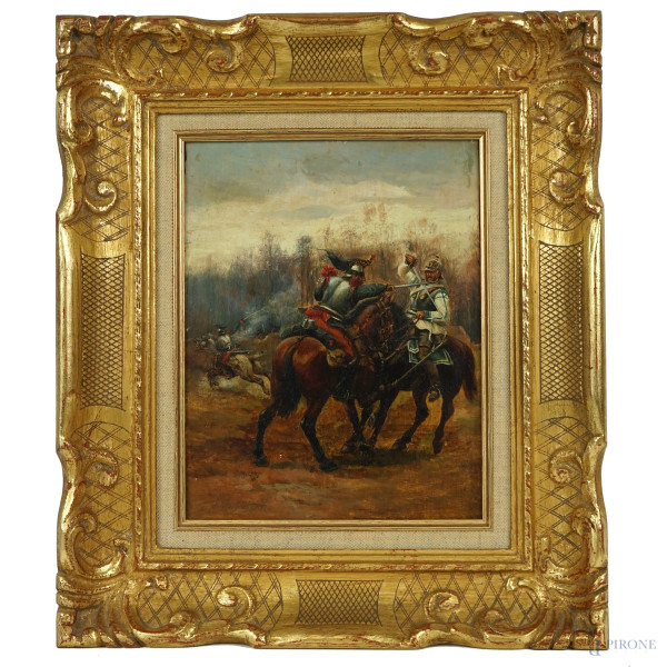 Pittore francese del XIX secolo, Scontro tra cavalieri, olio su tavola, cm 23,5x18, entro cornice