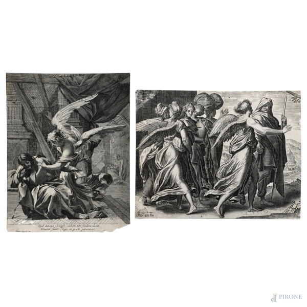 Lotto di due incisioni raffiguranti Dubbio di San Giuseppe e Lot e le sue figlie in fuga da Sodoma, XVII secolo, misure massime cm 21,5x27, (segni di usura, tracce di umidità, gore, foxing, lacerazioni della carta, tracce di piegatura)