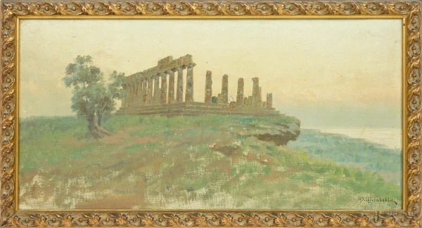 Mario Mirabella - Tempio di Selinunte, olio su tela, firmato in basso a destra M. Mirabella, cm 26,5x52,2, entro cornice