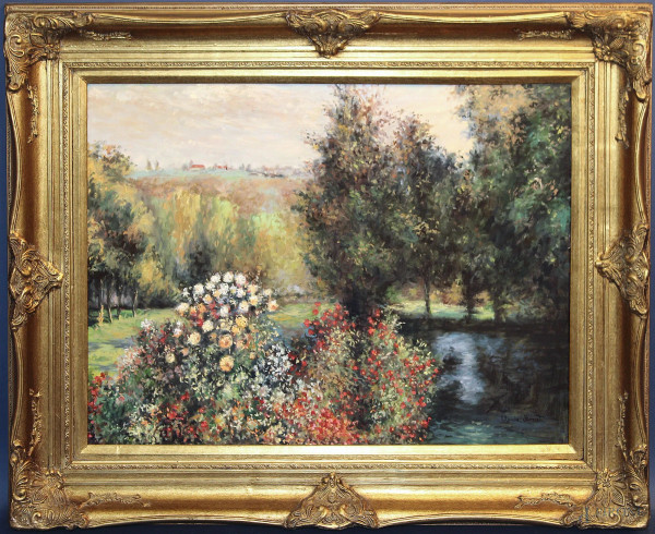 Paesaggio con fiori, olio su tela 60x80 cm, entro cornice firmato