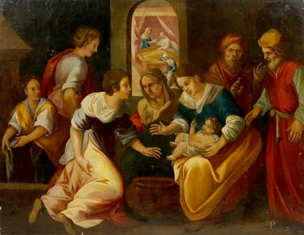 Scuola toscana/pittore manierista del XVI secolo, Nascita della Vergine, olio su tavola, cm 100x132, (cadute di colore)