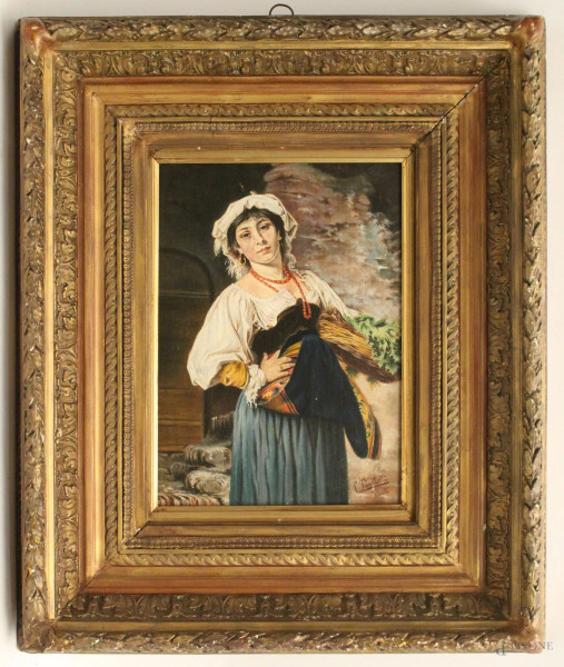 Ritratto di popolana con cesto di verdure, olio su tavola, cm. 30x21,5, recante firma C. Tiratelli, entro cornice.