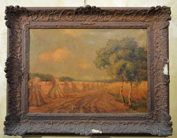Paesaggio campestre, antico dipinto ad olio su tela 72x52 cm,entro cornice firmato, XIX sec, (difetti nella cornice) .