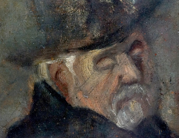 Anonimo, sec. XIX, bozzetto di testa virile con cappello, olio su tavoletta, cm 22x13, entro corn...