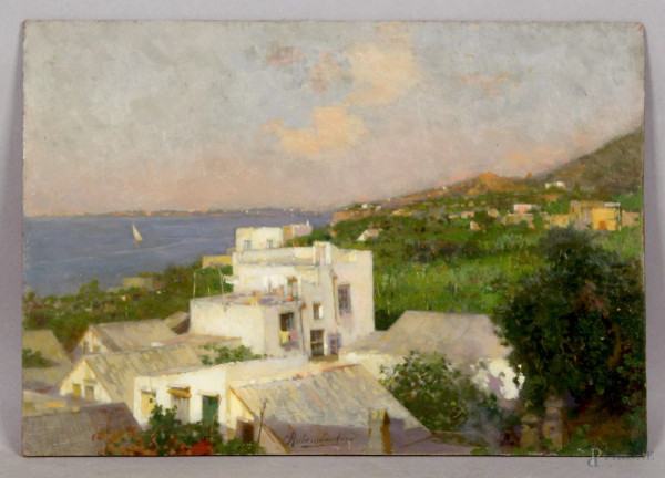 Paesaggio costiero, olio su tavola, cm. 19,5x28, firmato Rubens Santoro.