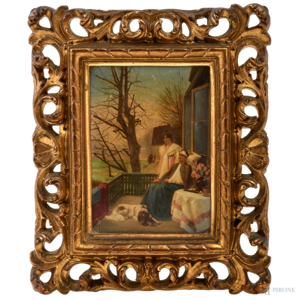 La convalescenza del soldato ferito, XX secolo, stampa su tavoletta, cm 14x10, entro cornice, (segni di usura, difetti)