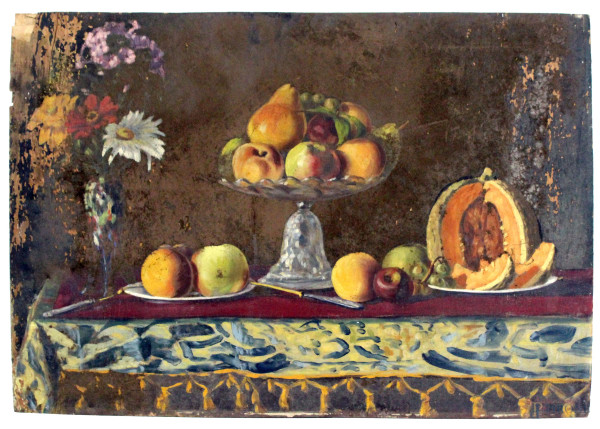 Natura morta con frutta, olio su compensato, cm 52x74, firmato, (difetti e cadute di colore).