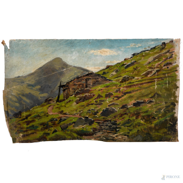 Baita, XX secolo, olio su tela, cm 21x36, (cadute di colore, abrasioni,  lacerazioni) 