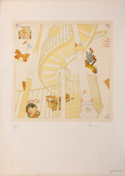 Luca Alinari (1943-), il Signor Cosini, litografia a 9 colori 26/100, cm 70x50, firmato in basso