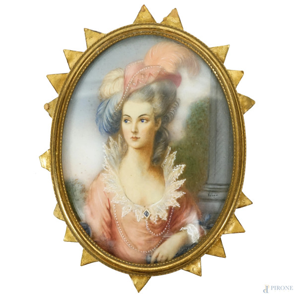 Ritratto di Mrs Graham, da Thomas Gainsborough (1727 - 1788), miniatura, prima metà del XX secolo, cm 9x7 circa, entro cornice