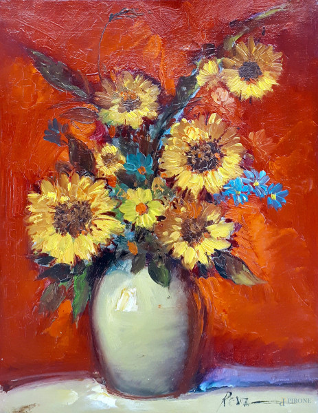 Jonathan Resz (XX sec.) Vaso con fiori, olio su tela applicata su cartone, cm 41x31, firmato