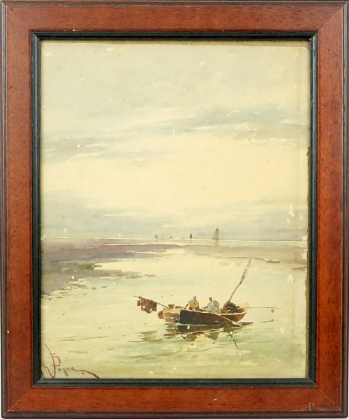 Marina con imbarcazioni, acquarello su carta, cm 28,5x22,5, firmato G.Pogna, entro cornice, (difetti).