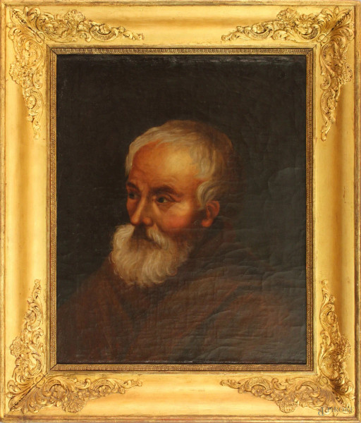 Ritratto d&#39;anziano, olio su tela, cm. 48,5x40, XIX sec, entro cornice.