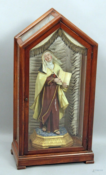 Santa Teresa, Scultura in legno laccato, h. 40 cm, XIX sec, completo di teca in noce, h. 72 cm