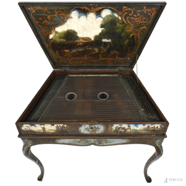 Salterio in legno riccamente dipinto con scene di genere, paesaggio e composizioni floreali, XVII...