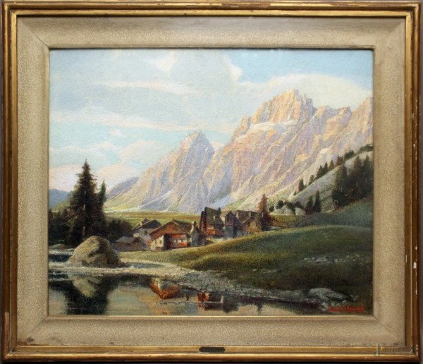 Edgardo Rossaro - Paesaggio montano, olio su tavola, cm 50x60, entro cornice.