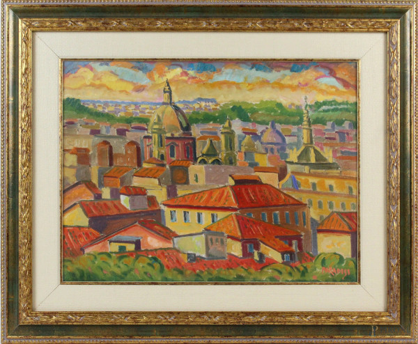 Vittorio Paradisi - Sant&#39;Agnese e tetti, olio su tela, cm. 30x40, entro cornice.