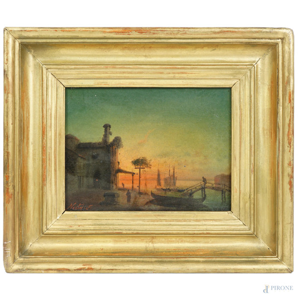 Scorcio di Venezia al tramonto, olio su tela, firmato, cm 16,5x21,5, entro cornice