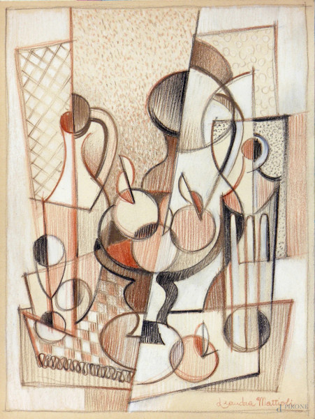 Leandra Mattioli,(XX sec.), Composizione cubo-futurista, tecnica mista su carta, cm 30x22.
