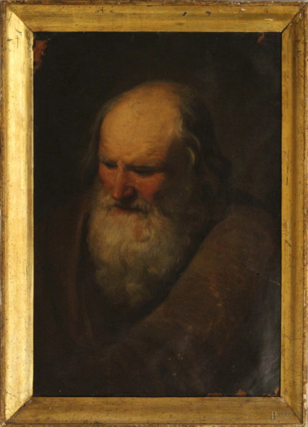 Ritratto di anziano, olio su cartoncino, 40x57 cm, entro cornice, XIX sec, (riporta difetti sulla tela)