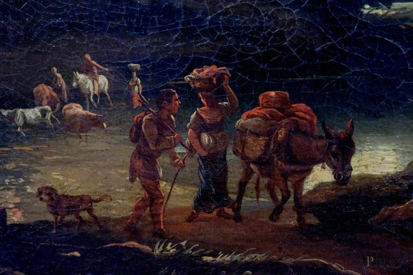 Pittore attivo a Genova alla fine del XVII secolo, Fuga da un incendio al chiaro di luna, olio su...