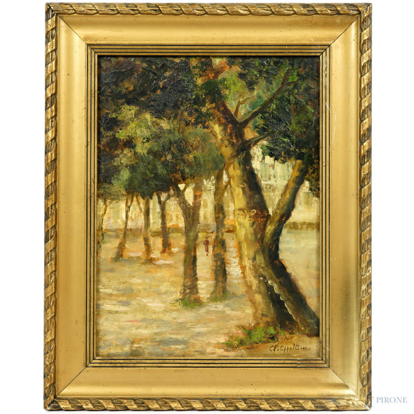 Scorcio di parco con figura, olio su compensato, firmato, cm 40x30, entro cornice