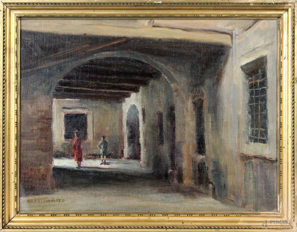 Esterno di palazzo con figure, olio su cartone telato cm 28x38, firmato Orazio Amato, entro cornice