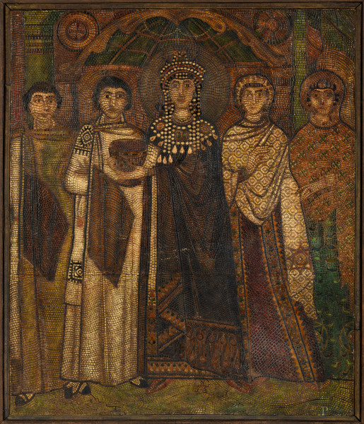Copia del mosaico ravvenate di San Vitale raffigurante Teodora in legno, XX secolo, cm 97x82, entro cornice, (difetti)