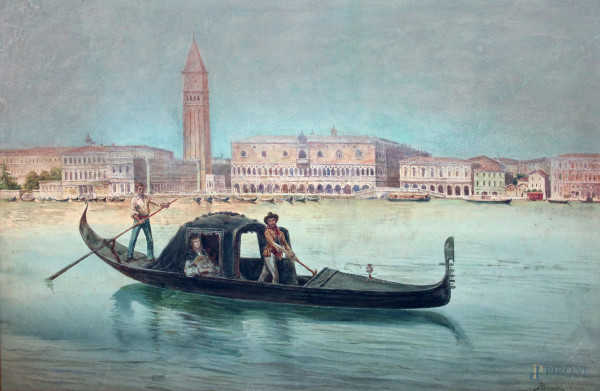 Scorcio di Venezia con gondola e figure, acquarello su carta, cm 48x73, entro cornice firmato.