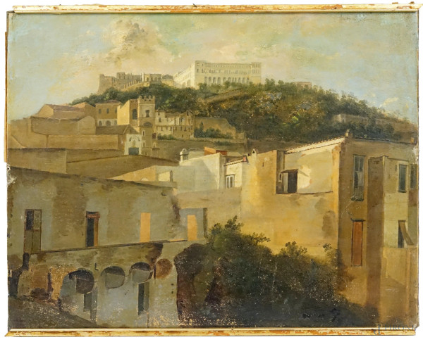 Pittore attivo alla fine del XIX secolo, Veduta di Castel Sant'Elmo, olio su carta telata, cm 37x47,5