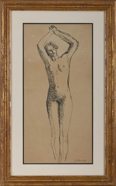 Nudo femminile in piedi, stampa su carta, cm 56x32,5 compreso passepartout (segni di umidità), entro cornice