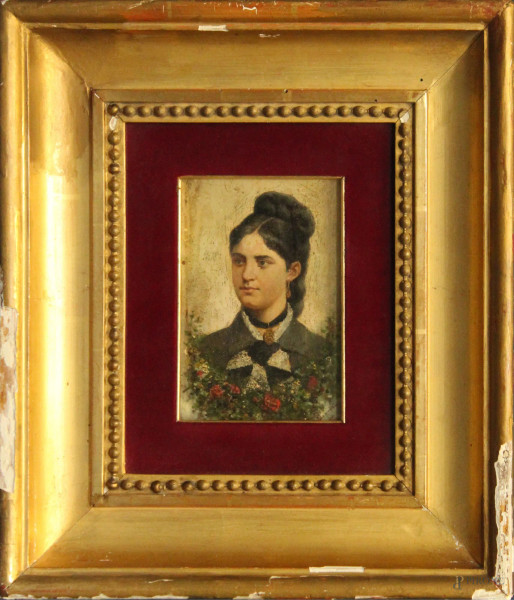 Odoardo Borrani - Ritratto di ragazza, olio su tavola 16x10 cm, entro cornice.