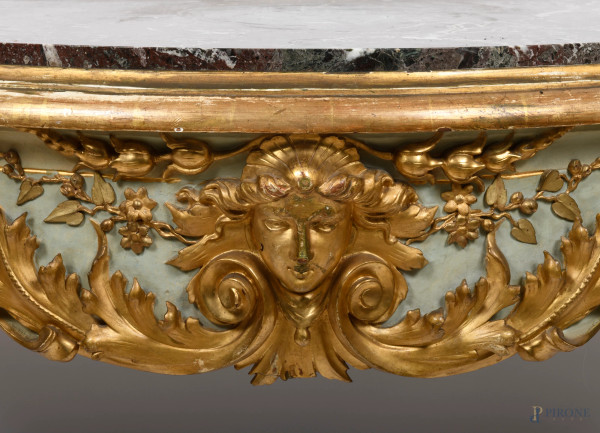 Consolle in legno laccato e dorato con piano in marmo, XIX secolo, cm 96x 130x60, (difetti)
