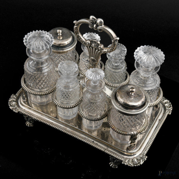 Servizio da tavolo con struttura in argento e cristallo. Inghilterra, Londra, J E Terrey & Co, XI...